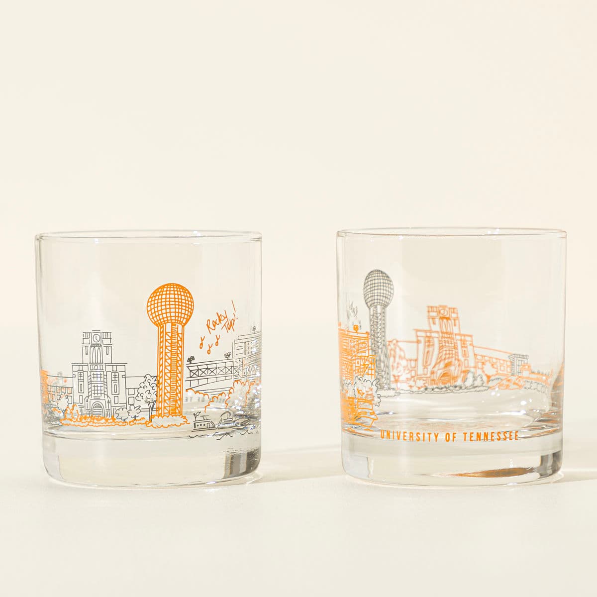 Uncommon Goods | College Cityscape Rocks Glasses - Set of 2 | Alumni Gift