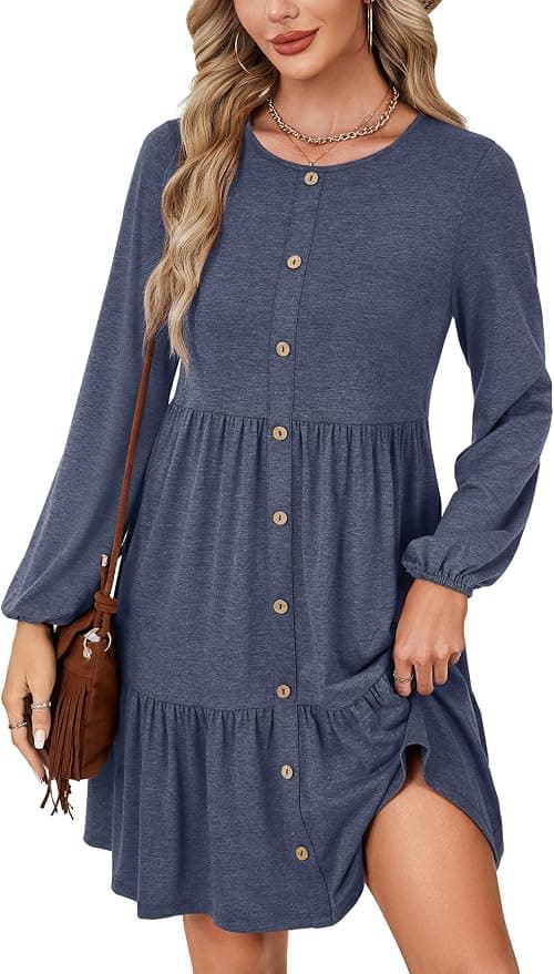 LYANER Women's Casual Long Sleeve Dress Crewneck Button Long Sleeve Tiered Flowy A-Line Mini Dress Navy Blue X-Small at Amazon Women’s Clothing store