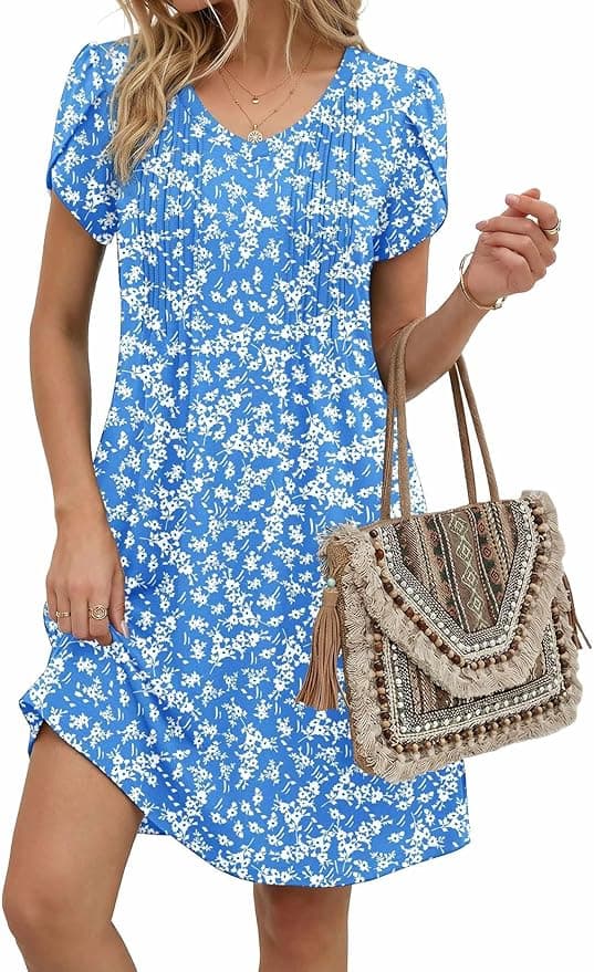 Zeagoo Flowy Dresses for Women Summer Dresses for Women Short A Line Dress Fit and Flare Dresses V Neck Sundress, Blue Floral A at Amazon Women’s Clot