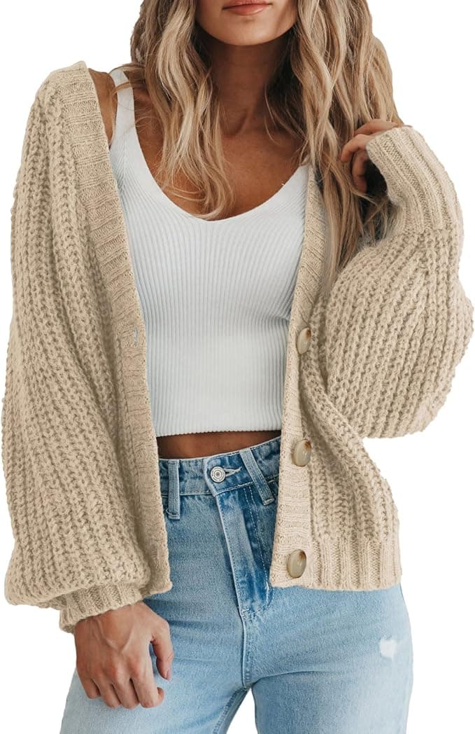 PRETTYGARDEN Women's Short Cardigan Sweaters V Neck Button-Down Long Sleeve Oversized Chunky Knit Cardigans (Apricot,Medium) at Amazon Women’s Clothin