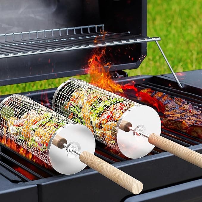 ivtivfu Rolling Grill Basket,Removable Wooden Handle,High-quality 304 stainless steel,Nesting Grilling Net,BBQ Accessories Tools for Vegetables Shrimp