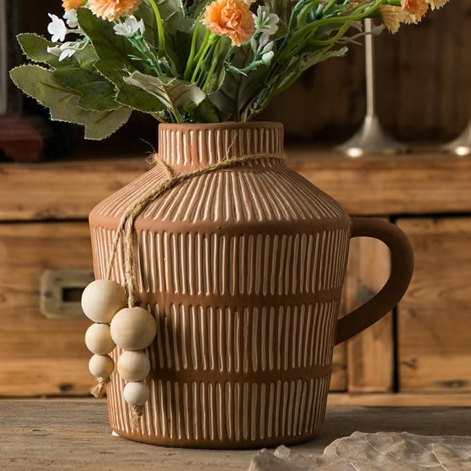 Amazon.com: Mowtanco Rustic Farmhouse Vase with Handle and Boho Wooden Beads - Terracotta Vase with Vertical Stripes for Vintage Home Decor : Home & K