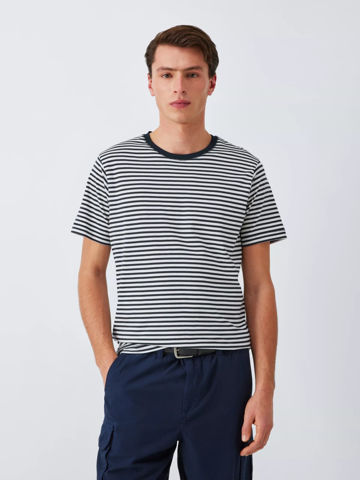 John Lewis Supima Cotton Regular Fit Crew Neck Stripe T-Shirt, Navy/EgretStore FinderOpen Menu