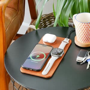 Three In One Leather Wireless Charger By SteepletoneNOT ON THE HIGH STREETVisa logoMastercard logoPayPal logoApple Pay logoKlarna logo