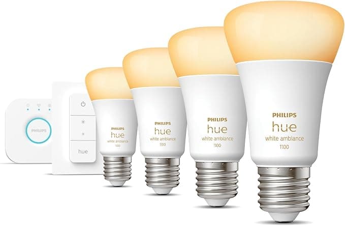 Philips Hue Starter Kit - E27 - with 4 Standard Bulbs - Warm to Cool White Light - Includes Hue Bridge - Hue Dimmer Switch - Hue White Ambiance : Amaz