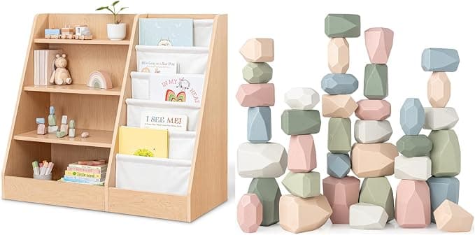 Amazon.com: Comfy Cubs Kids Bookshelf and Stacking Rocks 36 Pieces Bundled : Home & Kitchen
